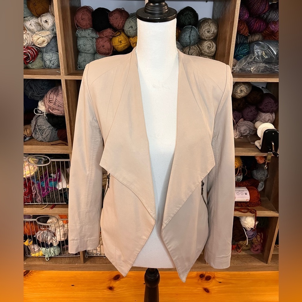 Vintage My Tribe Beige Leather Open Front Jacket Size Small